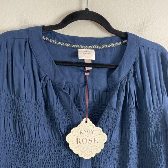 NEW Knox Rose Womens Plus 1X Blue Long Sleeve Button Front Top Smocked Blouse - Picture 7 of 9